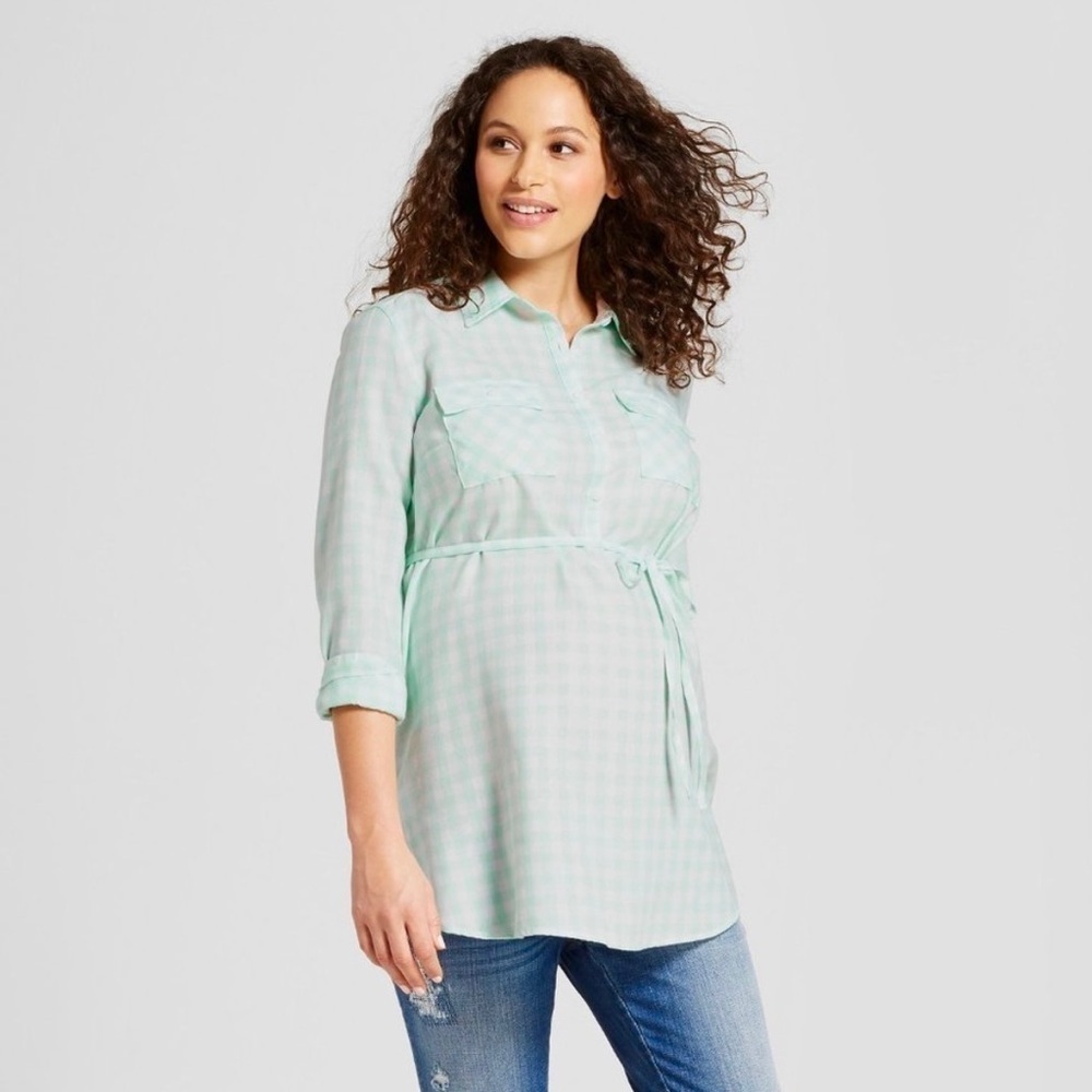 Isabel Maternity by Ingrid & Isabel Mint Green Plaid Popover Tunic Shirt Size M - Picture 2 of 8
